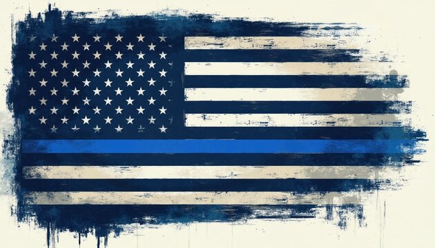 Distressed American flag with thin blue line symbol. Represents law enforcement support and patriotism. Grunge texture and worn effect convey resilience and sacrifice.