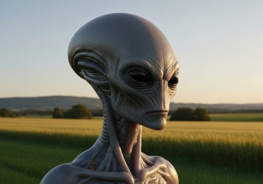 Closeup of a realistic alien head with large black eyes and smooth gray skin in a natural outdoor setting