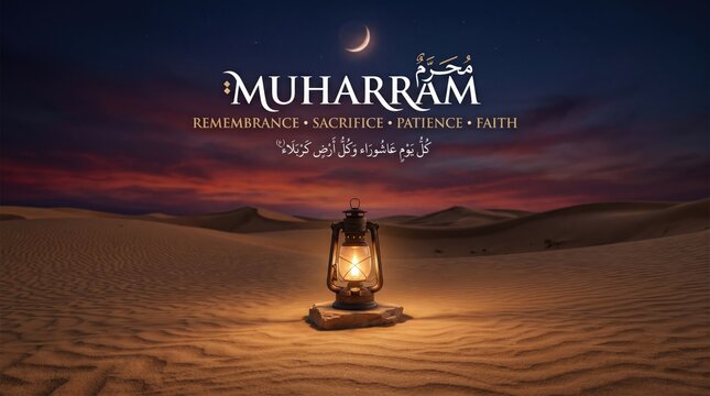 Muharram Islamic New Year background, desert landscape with glowing lantern and crescent moon, remembrance and sacrifice religious concept