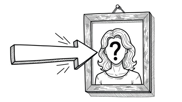 Portrait of woman with question mark on her face inside wooden picture frame with large pointing arrow indicating identity search or anonymity concept drawing.