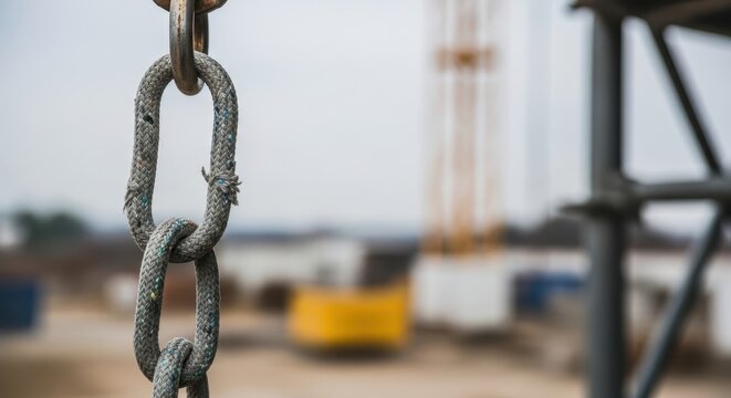 Close-up of a worn metal chain link against a blurry construction site with crane