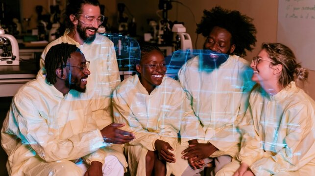 A diverse group of researchers in yellow lab coats sharing a happy conversation with glowing blue holographic data layers for science and technology development