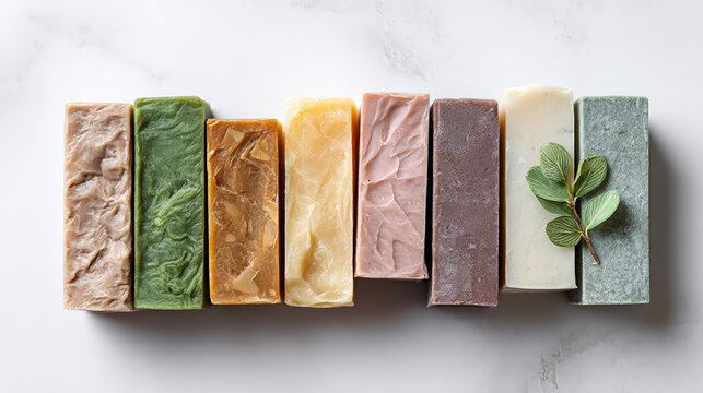 Assorted natural soap bars arranged in a row on marble