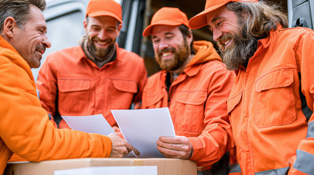 Four delivery workers in orange uniforms smiling and discussing documents while standing outdoors by a vehicle with packages.