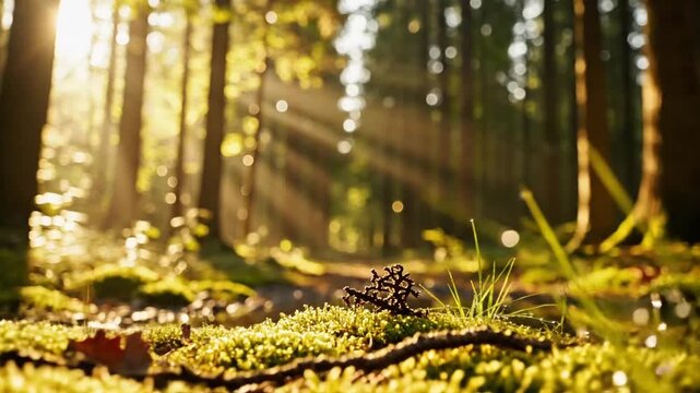 Mossy forest floor with sunlight filtering.