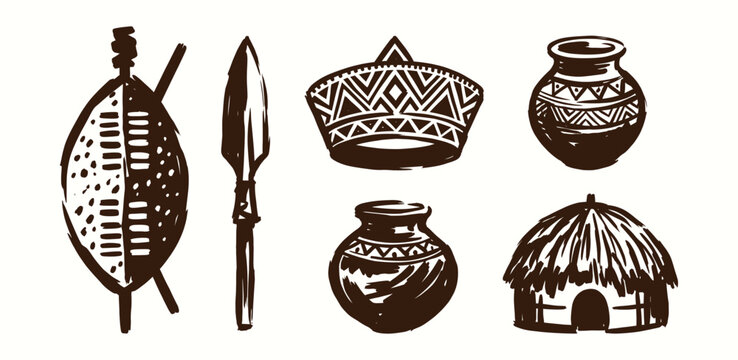 Zulu South Africa cultural icons hand drawn sketch set for heritage design