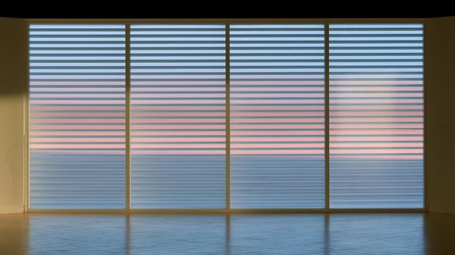 Large wall of windows with horizontal louvred blinds in an empty minimalist room for real estate marketing, interior design backdrops and architectural visualization