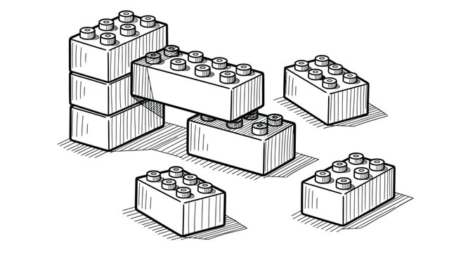 Isometric drawing of toy building blocks arranged in various stacks and structures on plain background for childhood education or construction concepts.