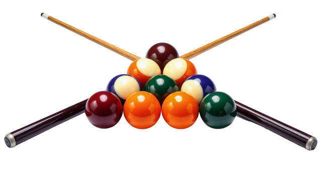 Billiard balls racked in triangle with cues