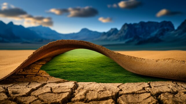 Eco Transformation Concept Featuring Rolling Sheet of Green Over Arid Desert Landscape
