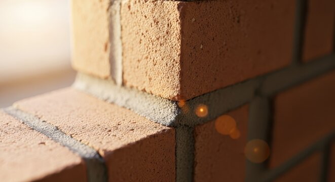 Detailed macro view of a brick wall corner showing texture and mortar joints