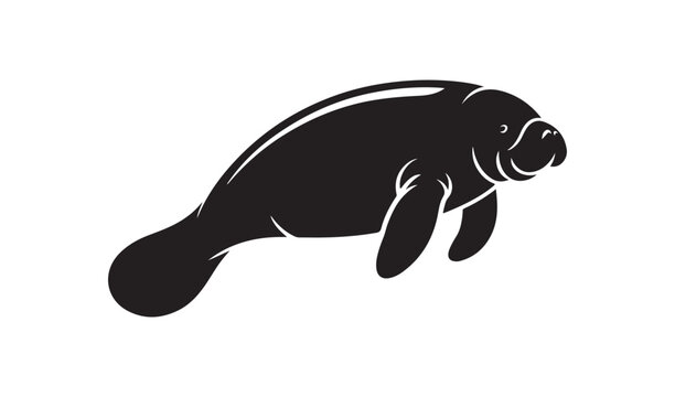 Minimalist black silhouette of a manatee swimming, isolated on a clean white background vector