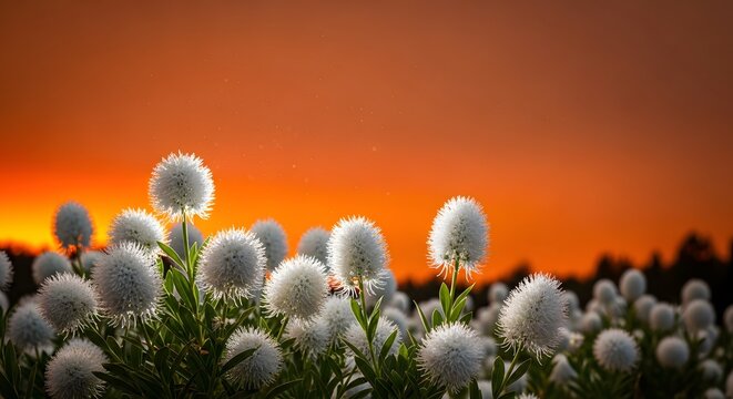 Beargrass flowers blooming in a meadow during a vibrant orange sunset