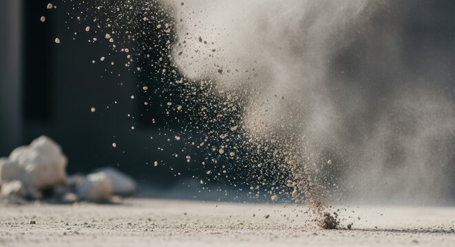 Macro view of cement dust particles exploding upwards and scattering across a textured surface, showcasing the dynamic and fine-grained nature of the material