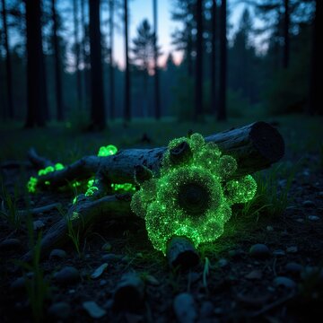 Glowing mushrooms on dead tree log in dark forest at night. Green bioluminescence lights up wood decay on forest floor. Nature magic spectacle after sunset.