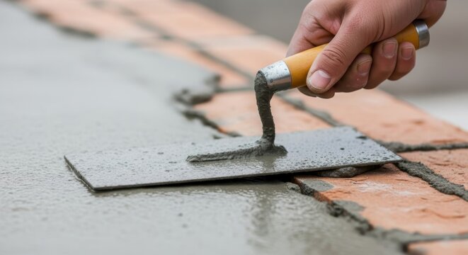 Skilled bricklayer carefully applying mortar with a trowel during construction of a brick wall