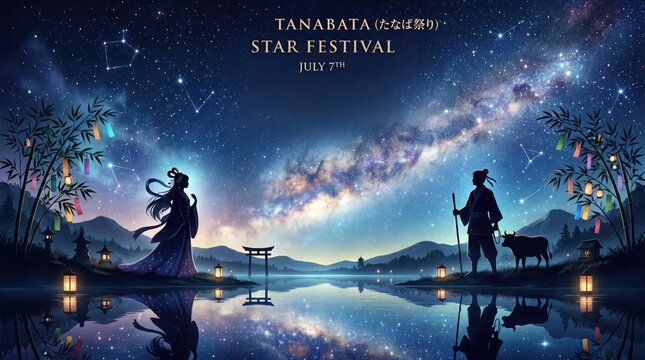 Tanabata Star Festival celebration, Japanese folklore legend of Orihime and Hikoboshi, Milky Way galaxy over night lake, July 7th cultural event