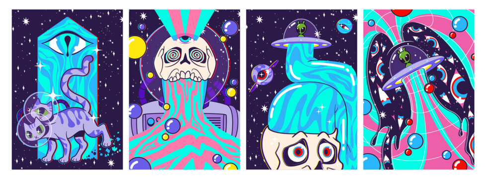 Groovy poster set with psychedelic retro design. Vector illustration of vintage banners with esoteric cat, alien ufo, crazy skull on space background, creative y2k pattern for retro art projects