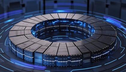 Fototapeta premium Futuristic circular arena with glowing blue lights in dark cyberpunk architectural setting