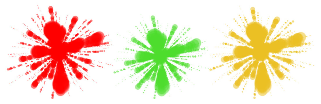 Neon paint splatter blobs in red, green, and yellow, color burst with glowing dot trails on transparent, abstract ink explosion set PNG for grunge, event, and design.