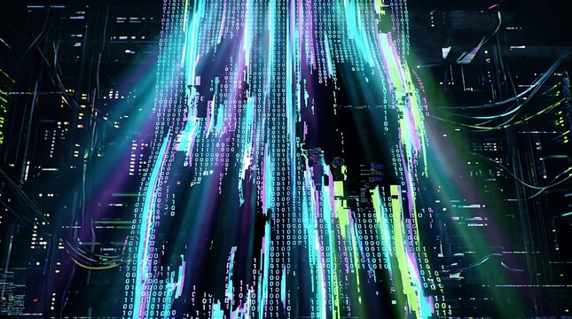 Abstract digital data stream with bright blue and green neon light lines in motion.