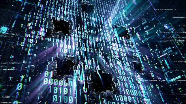 Digital binary code streaming with blue glowing numbers and abstract data patterns.