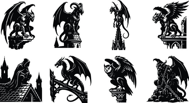 Gothic gargoyle and mythical creature silhouettes set featuring stone statues, dragons, and demons on medieval architecture rooftops