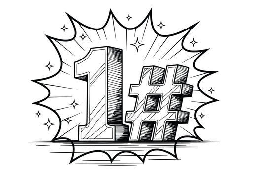 Number one with hashtag symbol in comic pop art style hand drawn sketch with star sparkles and explosion background showing first place winner achievement.