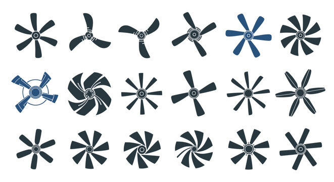 Technical set of industrial fan blades and propeller designs with different numbers of blades and aerodynamic shapes.