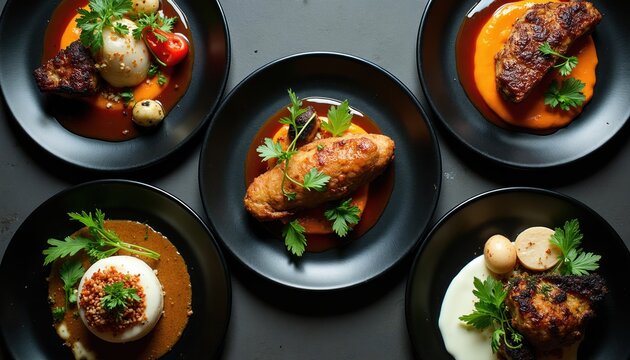 Gourmet meal plates display artful food arrangements. Fine dining courses feature meat seafood poultry with fresh green herbs and rich sauces. Elegant presentation for special occasions.
