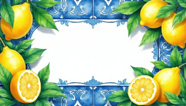 Ripe lemons with green leaves frame white space on blue tiled border. Watercolor style offers fresh summery background for text. Great for recipes cooking or decor.