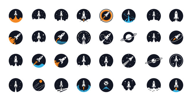 Extensive set of space exploration icons featuring rocket ship launches, planets, and celestial bodies in circles.