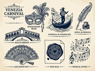 Venice Carnival Vintage Illustration Set - Masquerade Mask, Gondola, Rialto Bridge, and Traditional Venetian Icons © DC