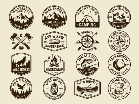 Set of 16 Vintage Adventure Outdoor Badges and Camping Logos; Retro Vector Icons featuring Mountains, Hiking, Fishing, and Wildlife for Wilderness Exploration Branding