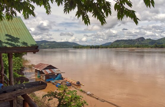 Floating hut on the Mekhong River looking across to Laos, Chiang