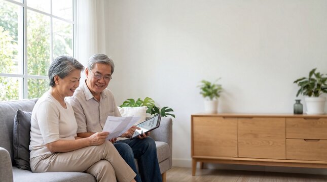 Senior Asian Couple Reviewing Financial Documents and Digital Investment Plans at Home