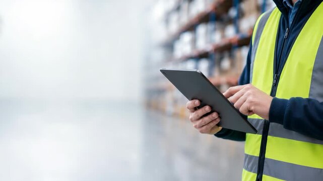 Warehouse Worker Using Digital Tablet for Inventory Management in Modern Distribution Center