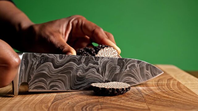 Chef slicing rare black winter truffle with Damascus steel knife POV