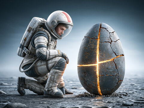 Astronaut kneeling on a rocky moon surface examining a mysterious cracked alien egg glowing from within