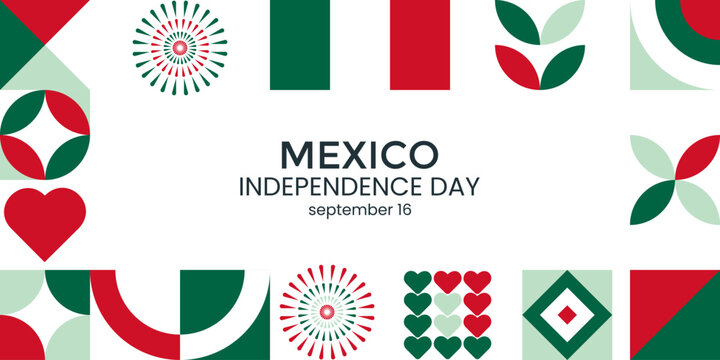 Horizontal banner, frame for Mexico Independence Day with geometric patterns, Mexico's national colors (green, white, red), typography, and space for content. Perfect for cards, posters, social media
