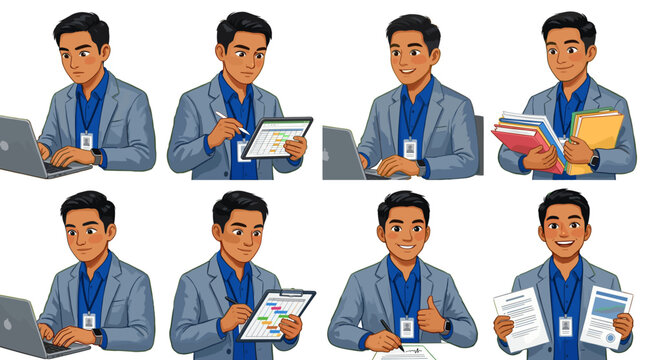 Collection of eight illustrations of a businessman in various poses and activities, including using a laptop, tablet, and holding documents.