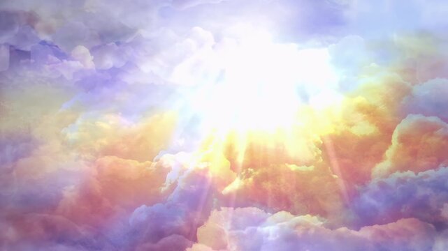Flying through magical ethereal clouds with glowing celestial light