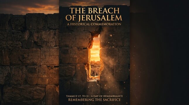 Historical commemoration poster of the breach of Jerusalem, ancient stone wall with glowing light, religious remembrance of the sacrifice