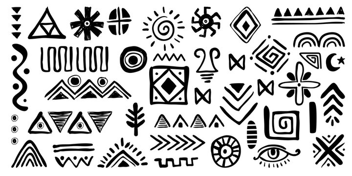 Hand drawing ethnic tribal symbols creating abstract geometric patterns for folk design elements