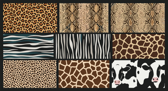 Collection of various animal skin patterns including leopard, zebra, giraffe, cow, and snake for fashion and design.