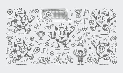 Vector rubber hose doodle set of vintage soccer ball character mascots and football equipment © Avartde