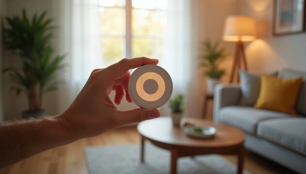 Hand holds round tech device. Modern wireless charger sits on table in cozy living room. Person uses gadget with glowing coil for charging phone or earbuds.