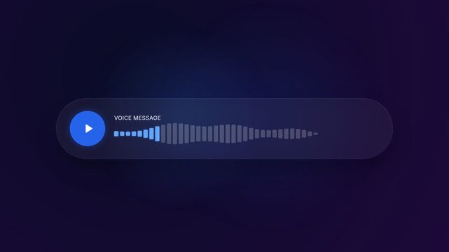 Digital voice message waveform visualization with play button and sound wave audio spectrum on dark background