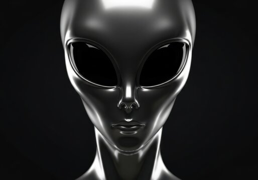 Closeup of a shiny alien head with large black eyes and a smooth metallic surface against a black background