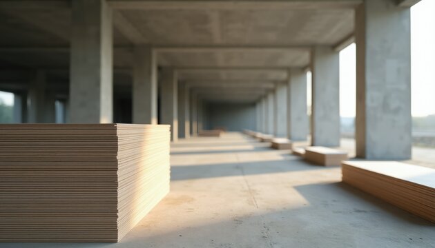 Stacks of drywall sheets rest on concrete floor inside unfinished building. Structural columns create long corridor perspective. Material waiting for installation. Construction site development